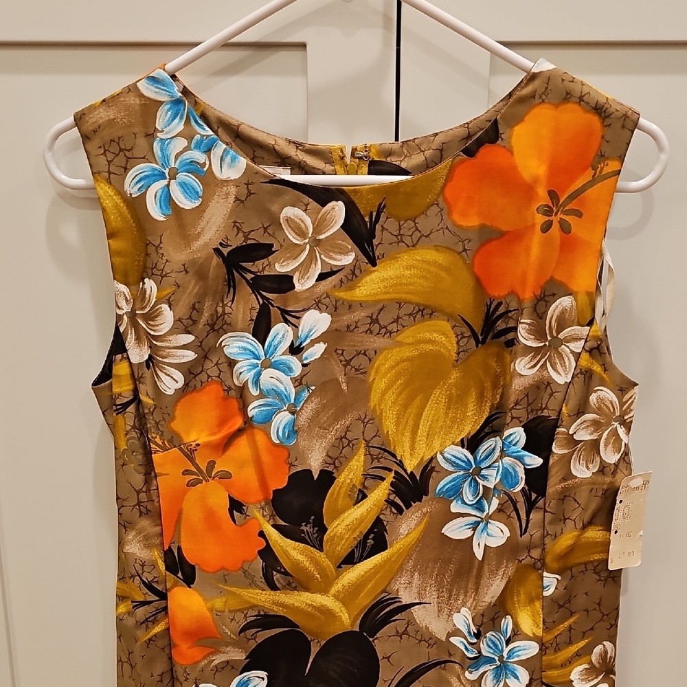 Vintage NWT Sears Hawaiian Sleeveless Midi Dress Orange, Blue & Tan Floral Sz 10 - Picture 7 of 9